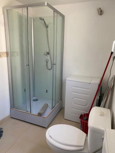 une salle de bain avec une douche en verre et des toilettes dans l'établissement Location de vacances, à Alénya