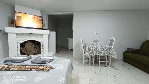 a living room with a fireplace and a table and a couch at Samira in Gagra