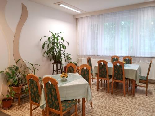 a dining room with a table and chairs and plants at Hotel Touring in Nagykanizsa