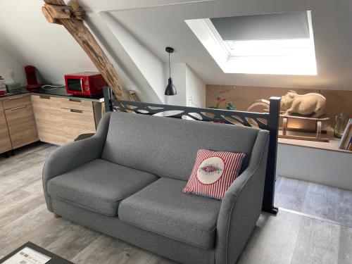 a living room with a couch with a pillow on it at Au cochon qui rit in Flines-lès-Mortagne
