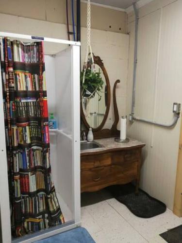 a bathroom with a book shelf filled with books at Dreamers Writing Farm, 3 Wooded Acres, Hepworth in Sauble Beach