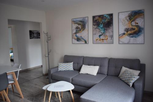 a living room with a gray couch and paintings on the wall at Superbe T3 classé 3 étoiles Chez Cathy et Frank situé en plein centre de Gérardmer in Gérardmer