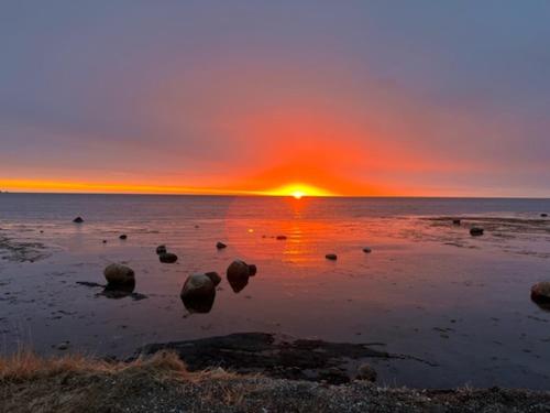 a sunset over the ocean with rocks in the water at Wildflowers Country Inn in Rocky Harbour