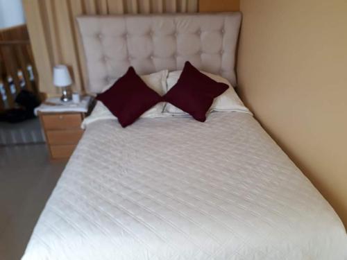 a bedroom with a white bed with two pillows at Hostal Mendieta in Paracas