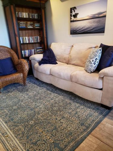 a living room with a couch and a book shelf at Lake front Studio in Little Elm