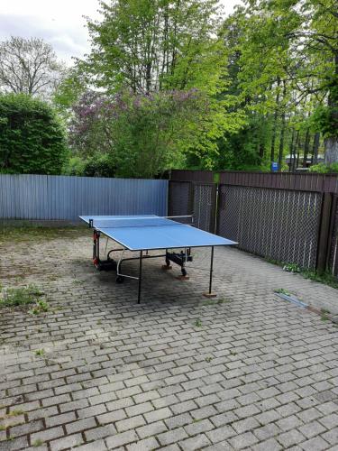 a blue ping pong table on a brick patio at Medijas in Saulkrasti