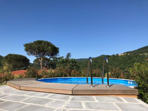 una piscina en un jardín con una colina al fondo en Il Poggiolo ai Casini, en Scopeti