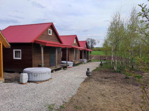 una fila di case con tetti rossi e un cortile di Domki letniskowe a Jedlinsk