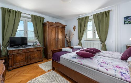 a bedroom with a bed with purple pillows and a television at Villa Lenoir in Vrsar