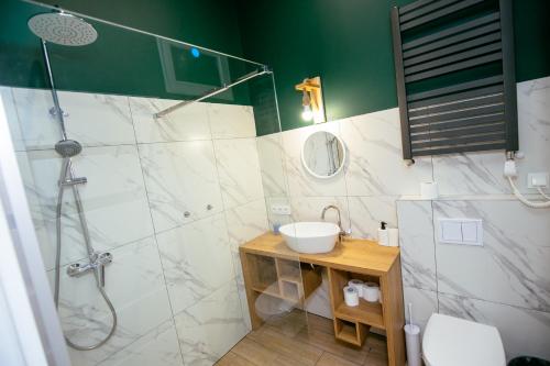 a bathroom with a shower and a sink at Domek z ogródkiem in Chęciny