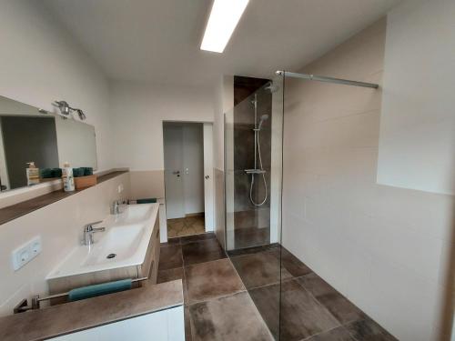 een badkamer met een wastafel en een douche bij Ferienhaus Zum Prinzenkopf in Alf