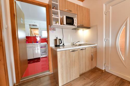 a small kitchen with a sink and a microwave at Apartments Laura in Rakovica