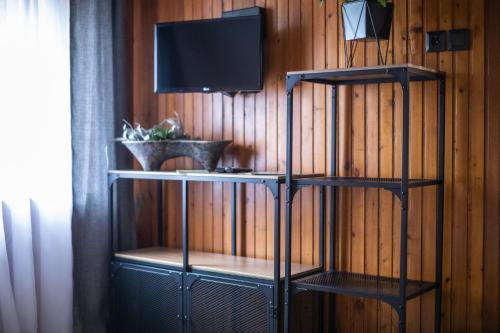 a room with a tv on a wooden wall at 4 Évszak Völgyhotel in Mátrafüred