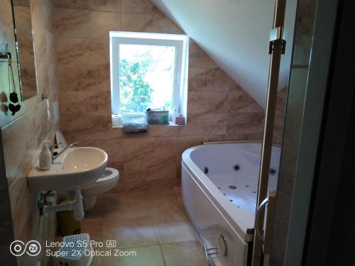 a bathroom with a sink and a tub and a toilet at Wellness apartmán Beavital in Dolany