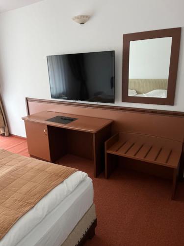 a hotel room with a flat screen tv and a bed at Hotel-Restaurant Siesta Balea in Cumpăna