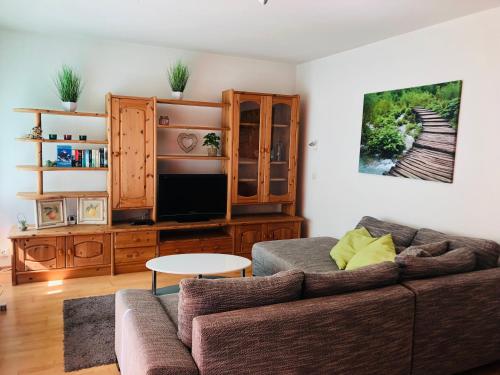 ein Wohnzimmer mit einem Sofa und einem TV in der Unterkunft Zum Sieck Müden-Örtze in Faßberg