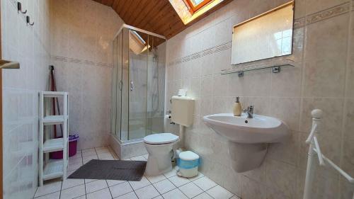 La salle de bains est pourvue d'un lavabo, de toilettes et d'une douche. dans l'établissement Apartment Siofok, Lake Balaton 16, à Somogyfok