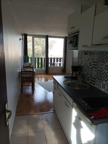 une cuisine avec un évier et un plan de travail dans l'établissement Studio tout confort au bord du lac d'Estey, à Dax
