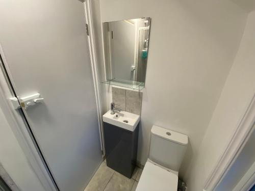 Baño pequeño con aseo y lavamanos en Small Single room walking distance to Hove Station, en Brighton & Hove