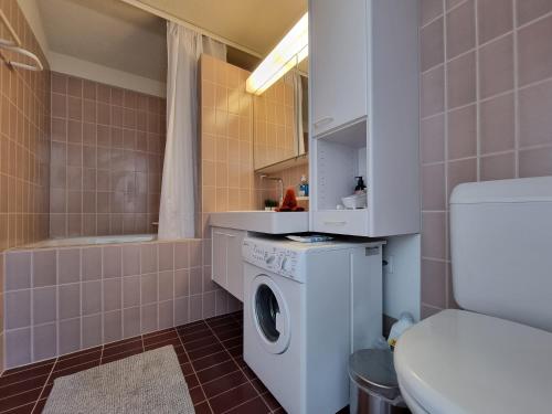 a bathroom with a washing machine and a toilet at Seeparadiesli am schönen Thunersee in Därligen