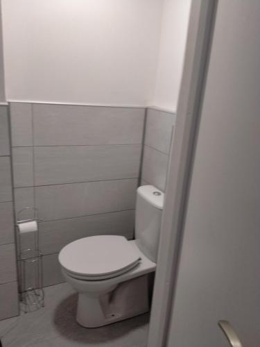 une salle de bain avec des toilettes blanches dans une chambre dans l'établissement le petit SAINT ANTOINE, à Saint-Jean-de-Maurienne