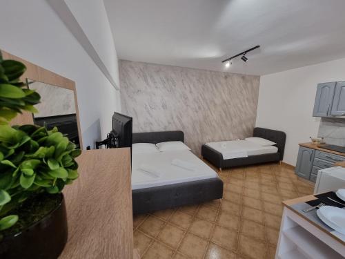 un piccolo soggiorno con letto e cucina di Studio Vlora a Vlorë