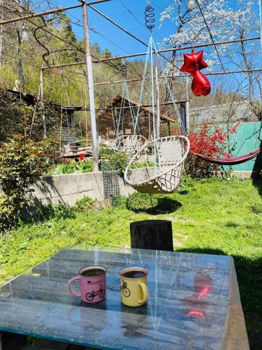 two coffee mugs sitting on a table in a yard at Guest House Khatuna in Borjomi