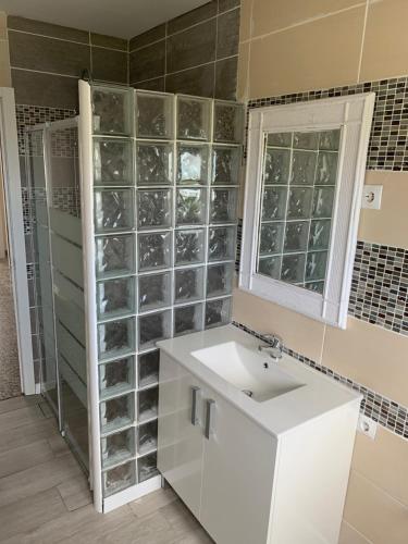 a bathroom with a sink and a glass wall at Apt Sueiras in Burela de Cabo