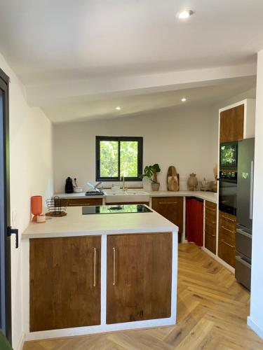 une cuisine avec des armoires en bois et un comptoir dans l'établissement Maison au calme au milieu des restanques, à Cuers