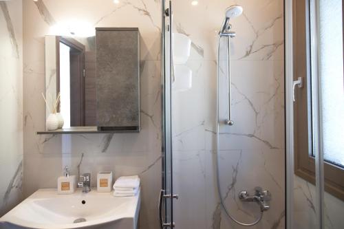 een badkamer met een wastafel en een douche bij VILLA ALKISTIS in Lefkada
