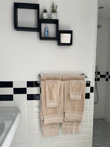 a bathroom with towels hanging on a wall at Au bord de l’eau in Orpund