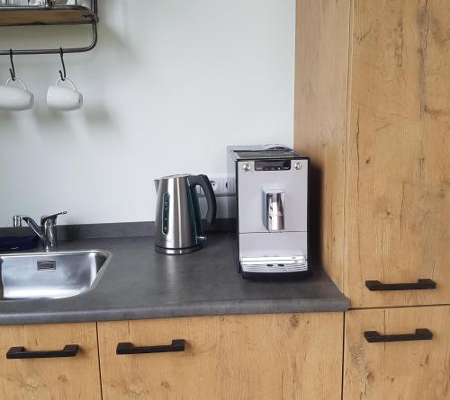 a kitchen counter with a coffee maker and a sink at B&B De Veluwe Hoeve in Eerbeek