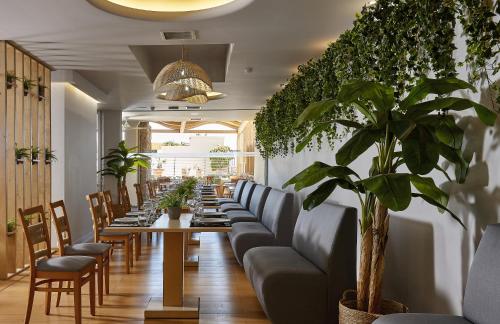 un restaurant avec des canapés, une table et des plantes dans l'établissement Blue Marine Resort and Spa Hotel, à Agios Nikolaos