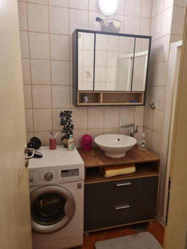 ein Badezimmer mit einer Waschmaschine und einem Waschbecken in der Unterkunft Sara in Mostar