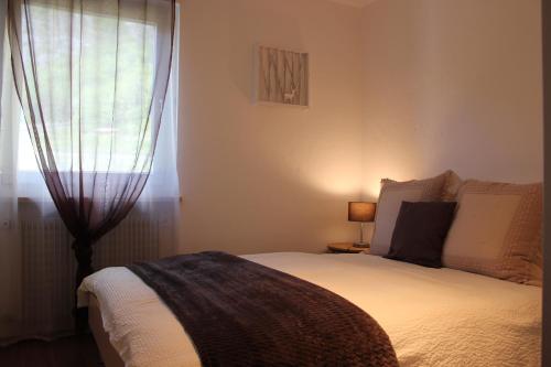 Schlafzimmer mit einem Bett und einem Fenster in der Unterkunft Wiesenheim- Unterer Plattenhof "Gartenblick" in Penone