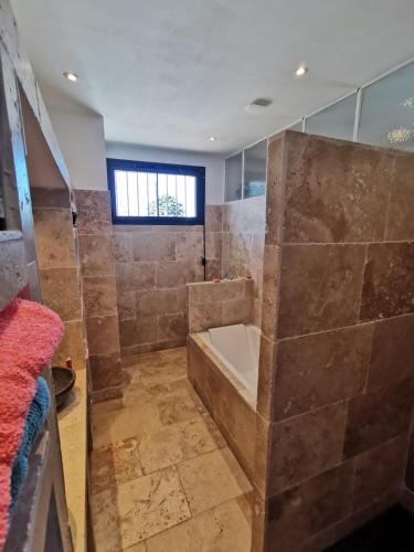 La salle de bains est pourvue d'une grande douche et d'une baignoire. dans l'établissement Mas de caractère en Provence, à Saint-Rémy-de-Provence
