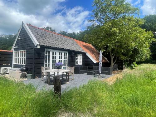 a small house with a picnic table in front of it at Natuurhuisje - Gastenverblijf De Kleine Hazerij in Wijhe