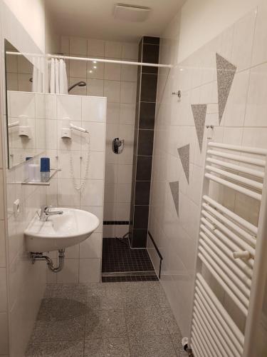 ein Bad mit einem Waschbecken und einer Dusche in der Unterkunft Ferienwohnung Kirschblüte in Billigheim-Ingenheim