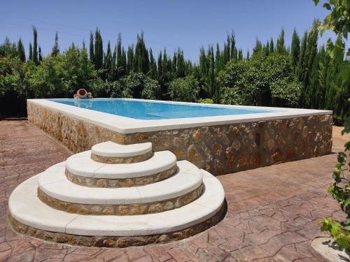 einen Pool mit einer Steinmauer und einer Treppe um ihn herum in der Unterkunft El Galindón Rancho in La Puebla de los Infantes