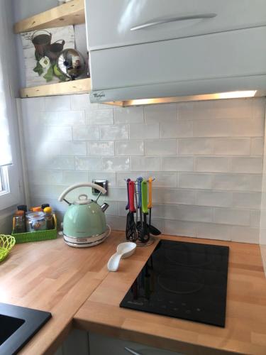 een keuken met een aanrecht en een waterkoker bij Mon Appart avec Terrasse et Piscine in Roquebrune-Cap-Martin