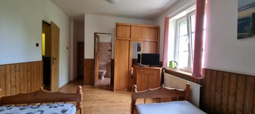 a bedroom with a bed and a window and a television at Pension Pod Lipou in Nová Ves v Horách