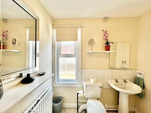 a bathroom with a toilet and a sink and a mirror at 10 Langworthgate in Lincoln