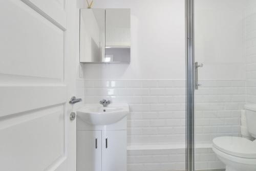 a white bathroom with a toilet and a sink at Craig Leith Apartment in Alloa