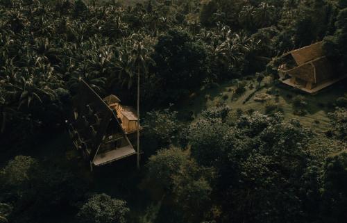 an overhead view of a person sitting on a tower in a forest at Camiguin Volcano Houses - A-Frame house in Mambajao