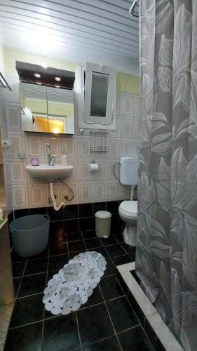 a bathroom with a sink and a toilet and a mirror at Mom's Seaside Home in Karianí