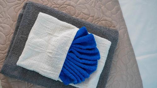 una coperta blu e bianca sopra un letto di Aurora Bed and Breakfast a Cirò Marina