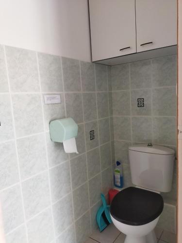 a bathroom with a toilet with a black toilet seat at La maison aux papillons in Tregueux