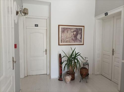 a white hallway with a plant and a picture on the wall at Citalna Rooms in Bitola
