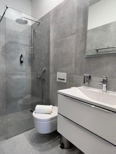 a bathroom with a toilet and a sink and a shower at Zaro Apartments in Izola