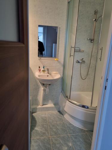a bathroom with a sink and a shower at Apartamenty Anna in Mosty